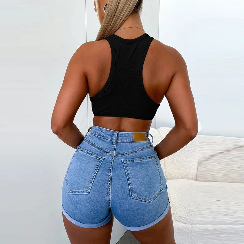 Lunivop Hand Diamond Rhinestone Knit Rib High Wasit Tank Crop Top Summer Casual Streetwear Sports Gym Yoga Clothes