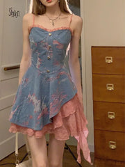 Lunivop  Chic Fashion Women Harajuku Irregular Patchwork Denim Camisole Dresses Summer New Contrast Colar Mini