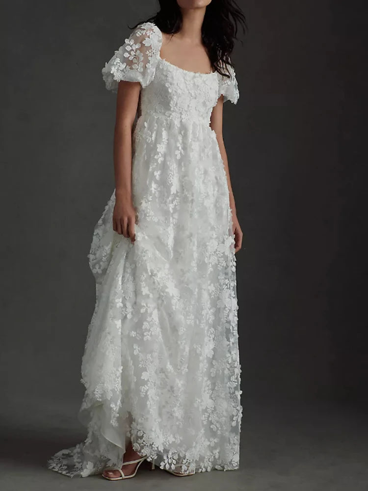 Lunivop  Elegant Sexy A-Line Backless New Floor-Length Appliques Lace Formal Bride Dresses for Women Wedding Party Dress