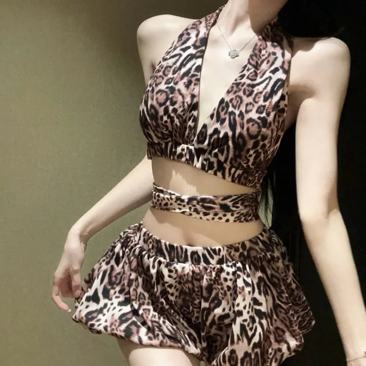 Lunivop  Sexy Leopard Print V-neck Halter Camisole Vest+ Y2k Gothic High Waist Hot Short for Women 2025 Summer New Two Piece Sets