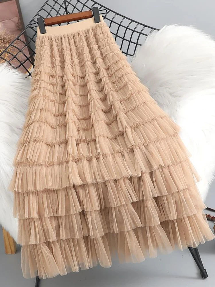 Lunivop  Summer Elegant Women Tulle Skirt Korean Fashion Mesh A Line Ladies Cake Skirt High Waist Loose Party Female Skirts New