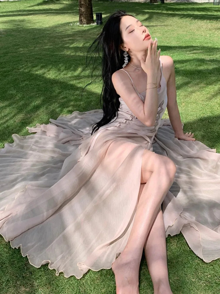 Lunivop  Women's Summer Elegant Backless Long Dresses New Fashion Spaghetti Strap Evening Party Prom Split Bandage Ruffled Sexy Dress