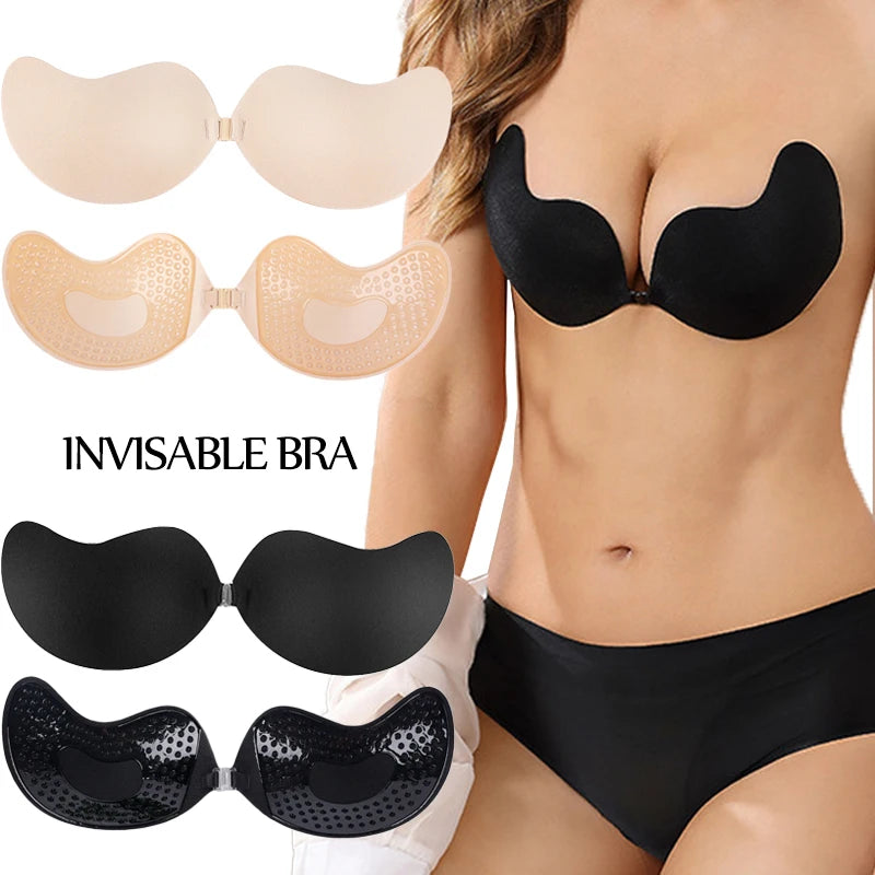 Lunivop Invisible Push Up Bra for Women Backless Strapless Bra Seamless Front Closure Bralette Underwear Silicone Self-Adhesive Bra Pads