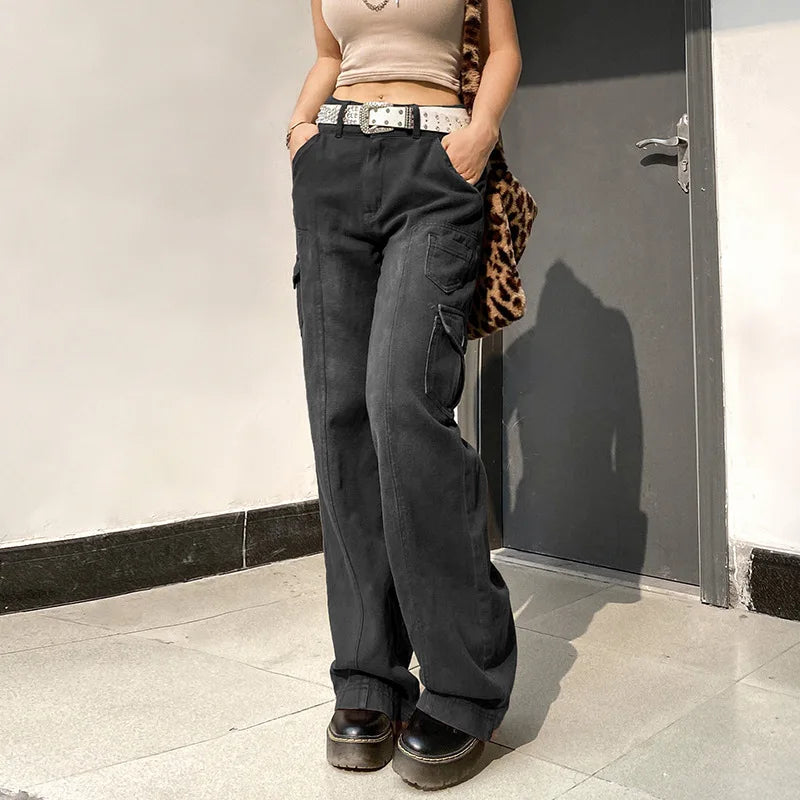 Lunivop New Street High Waist Straight Leg Casual Jeans with Irregular Pockets Work Clothes Floor Towers  Dad's Pants