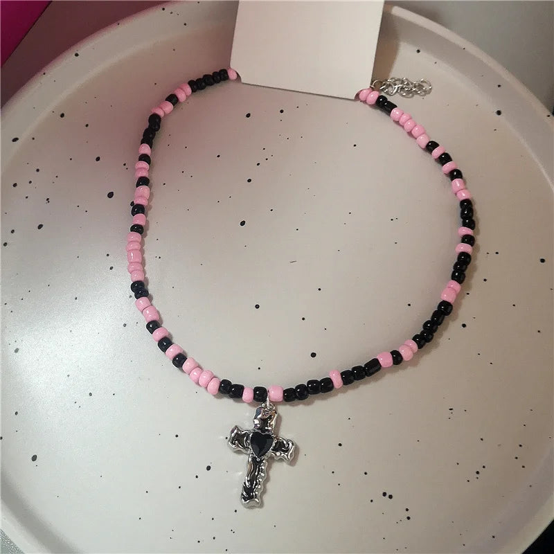 Lunivop Dopamine Pink Pendant Black Beaded Necklace For Women Sweet Cute Heart Flower Star Neck Chain Y2K Fashion Jewelry