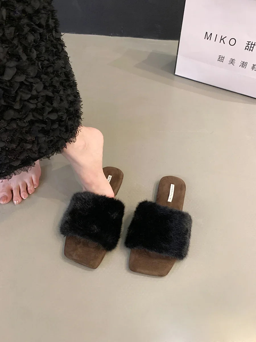 Lunivop Plush House Slippers for Women Flat Sandals New Fashion Leopard Fuzzy Open Toe Slippers Anti Skid Ladies Slip on Mules