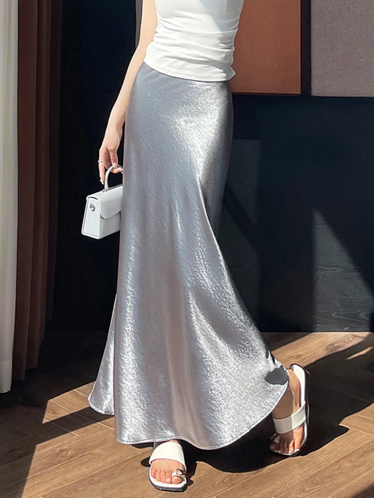 Lunivop  Chic Satin Elegant Long Skirt Women Casual Fashion High Waist Sweet Trumpet Skirts Slim Summer Female Korean Long Skirts