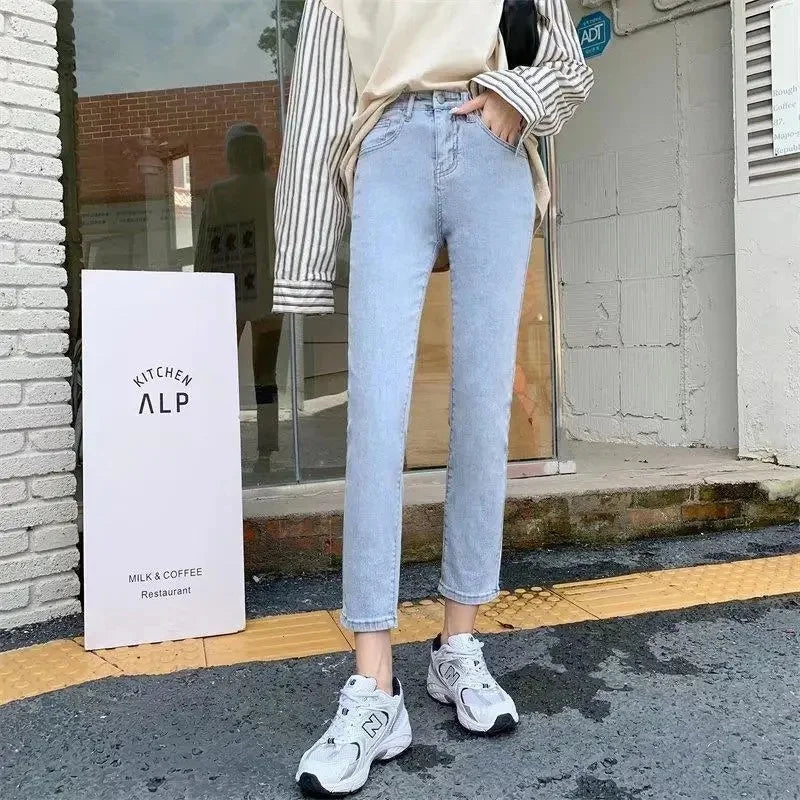 Lunivop  Light Wash High Waist Loose Women's Jeans Spring Autumn New Style Korean Version Slimming Nine Tube Straight Leg Pants