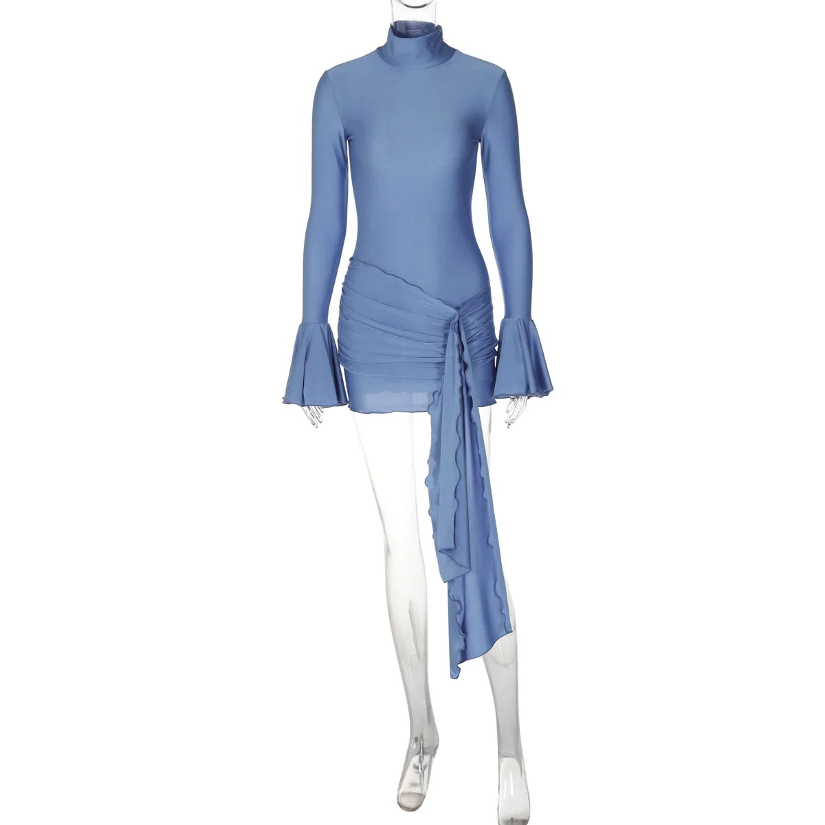 Lunivop Stand Collar Long Flare Sleeve Bandage Ruched Bodycon Women'S Dresses Korean Ladies Dress Y2K Streetwear  Casual Clothes