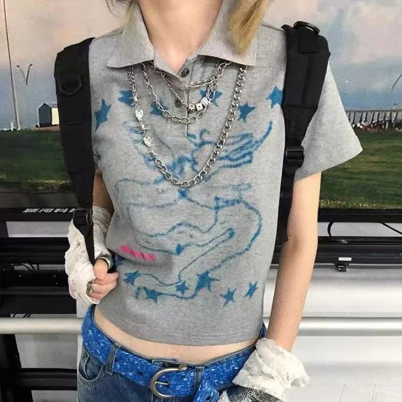 Lunivop  Women T Shirts Vintage Turn Down Collar Graffiti Printed Slim Y2k Crop Tops Summer Fashion Gothic Female Casual Tshirt