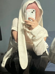 Lunivop  Rabbit Ears Hooded Knitted Pullover Women Autumn Holllow Out Loose Sheer Detachable Sleeves Sweater Gothic Y2k Tops Ins
