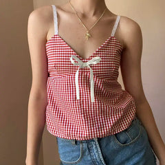 Lunivop  Kawaii American Girl Plaid Bow Sweet Suspender Vest Plaid Lace Strapless Blouse Y2k Design All-match Girls Camisole