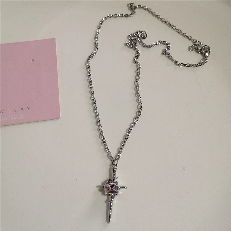 Lunivop Gothic Y2K Pink Cross Heart Pendant Chain Choker Necklace For Women Egirl Hip Hop Punk Charms Aesthetic Jewelry EMO Accessories