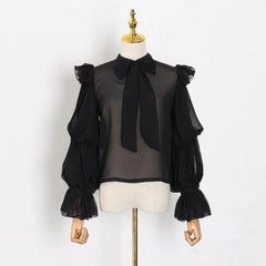 Lunivop  Women Ruffles Shoulder Lantern Sleeve Blouse Pullover Loose Tops Fashion Tie Bow Collar Perspective Shirt