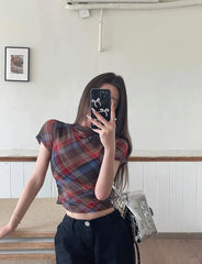 Lunivop Y2k Vintage Plaid Round Neck Short-Sleeved Shoulder T-Shirt Women Summer 2024 New Pleated Tight Slimming Blouse Women Fashion