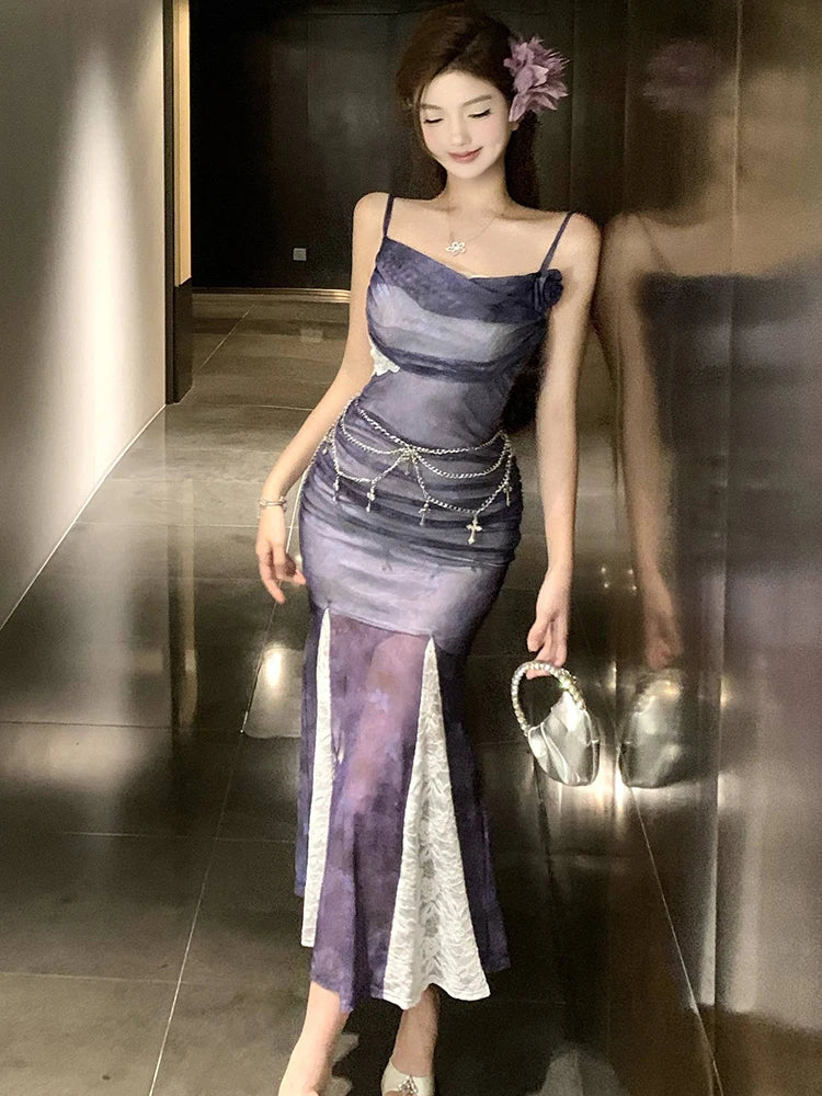 Lunivop  Purple Mesh Patchwork White Lace Ruffled Long Dress Women Elegant Luxury Dance Party Dress Summer Fashion Bodycon Vestidos