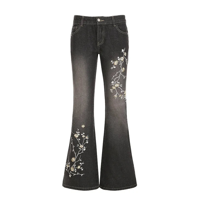 Lunivop  Vintage Embroidery Low Rise Trousers Women Y2k Hip Hop Washed Denim Trousers Grunge Retro Streetwear Slim Flare Pants Aesthetic