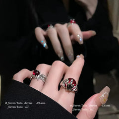 Lunivop 2PCS SET Vintage Y2k Gothic Irregular Red Open Ring For Women Girls Aesthetic Fashion Trend Jewelry Grunge EMO EMO Accessories