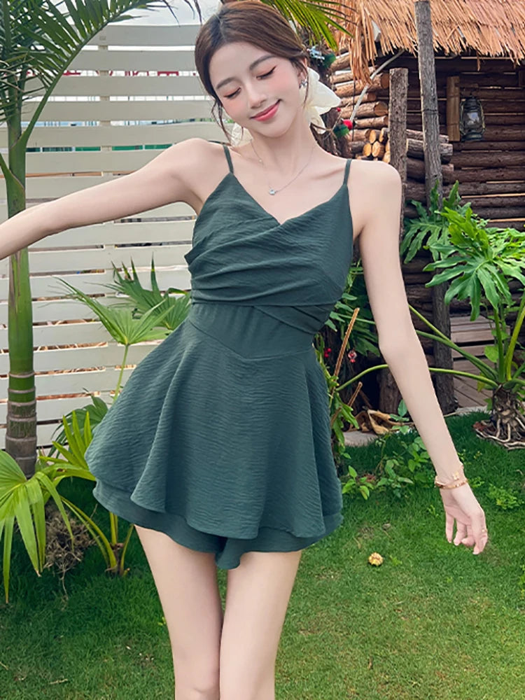 Lunivop  Green Pleated Bodycon V-Neck Sexy Sling Dress Summer Elegant Ruffled Casual Short Dress Women Korean Fashion Holiday Dress