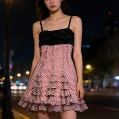 Lunivop  New Sweet French Constrast Color All Match Sling Short Dress Harajuku Polka Dot Print A-line Clothes Y2k Spice Girl Punk Dress