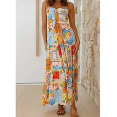 Lunivop  Spring and Summer New Fashionable Ankle-Length Suspender Printed Dress INS Loose Vacation Casual Elastic Band A-Line Dress