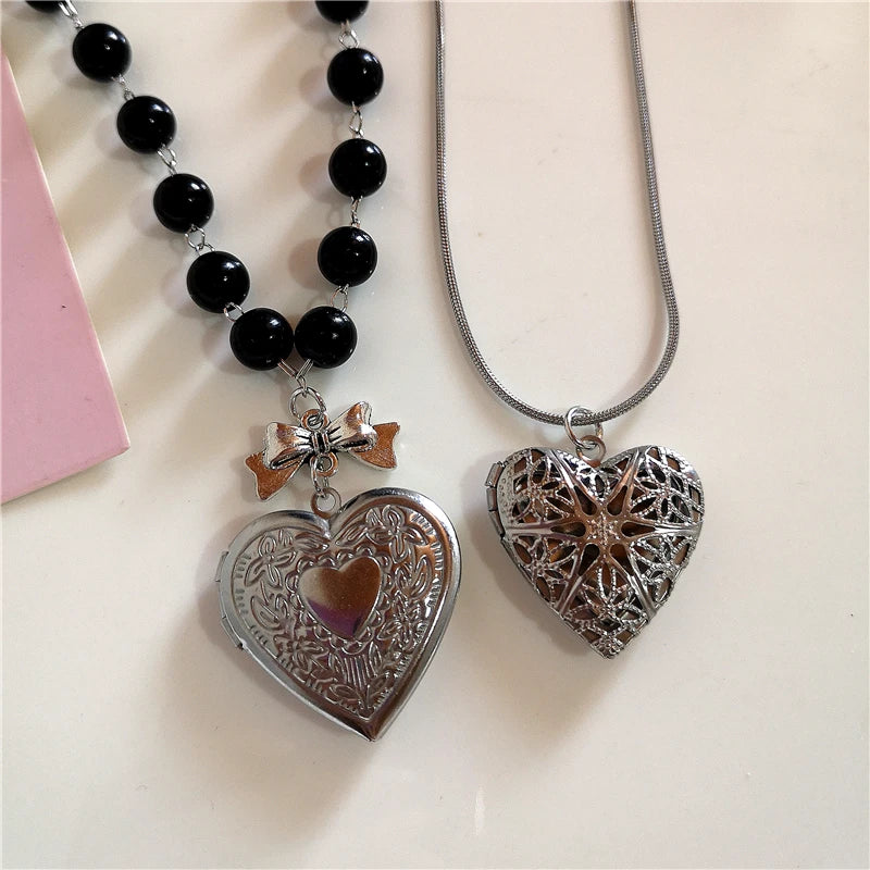 Lunivop Goth Y2k Aesthetic Heart Locket Pendant Open Female Silver Color Stainless Steel Photo Frame Charm Necklace Women EMO Jewelry