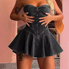 Lunivop  Chest Wrap Sexy Dress Women Sleeveless Backless Splicing Slim Fit Strapless Mini Dresses Sexy A Line Denim Vestidos