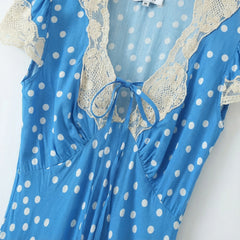 no  Lunivop  Women Retro French Style Blue Polka Dot Spliced Lace Bow V neck Short Sleeve Dress Summer Maxi Long Dresses Robe Femme Vestidos