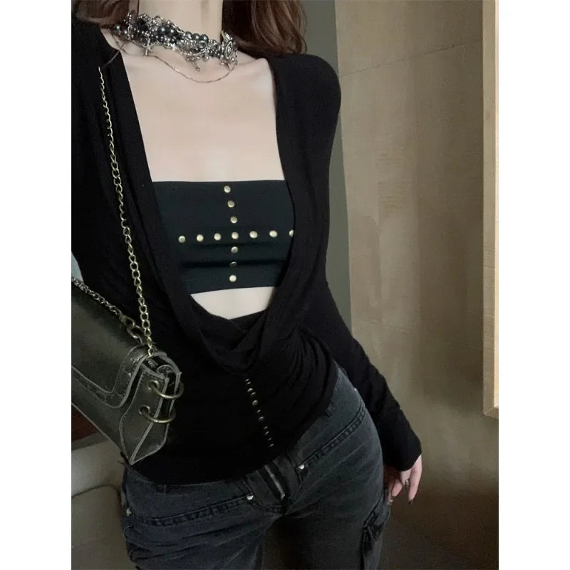 Lunivop Autumn New Deep V-neck Pleated Sexy Slim Rivets Long-sleeved T-shirt Women + Black All-match Tube Tops Two-piece Suit