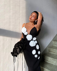 Lunivop Chic Black And White Flowers Celebrity Dresses Pearls Spaghetti Strap Long Mermaid Dress vestidos de ocasião formal Evening Gown