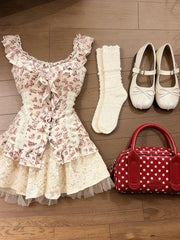 Lunivop  Japanese Y2k Vintage Sweet Vintage Summer U Neck Ruffled Edges Niche Floral Top Skirt Harajuku 2-piece Set