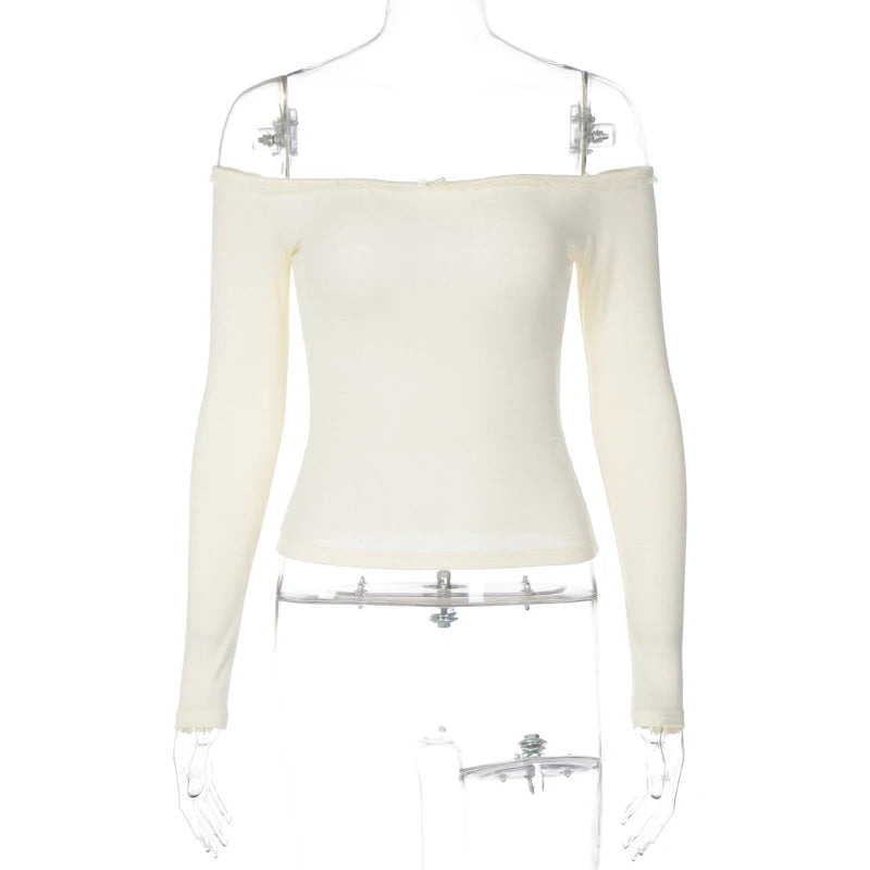 Lunivop Knit Rib Off The Shoulder Long Sleeve High Waist Tank Crop Top T-Shirts Fall Winter Y2K Casual Clothing