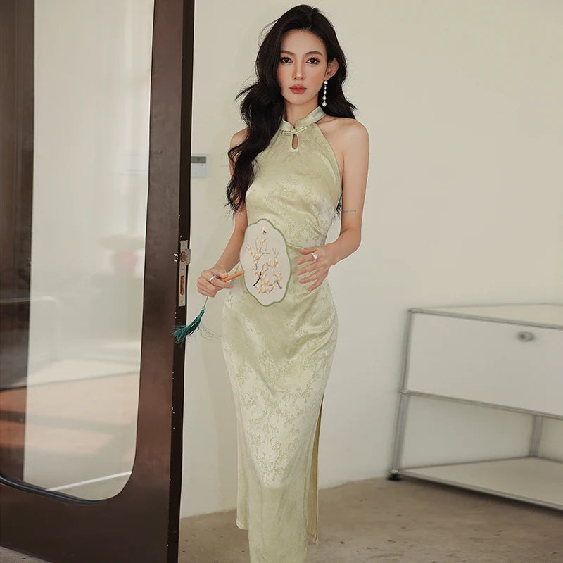 Lunivop  Women Pink Acetate Satin Elegant Jacquard Long Dress Summer Sleeveless Chic Neck-mounted Dress Korean Luxury Evening Dress