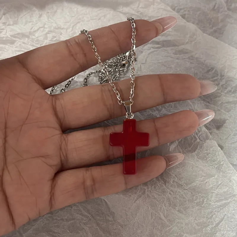 Lunivop Simple Red Glass Cross Cherry Strawberry Heart Pendant Necklace for Women Stainless Steel Jewelry Accessories