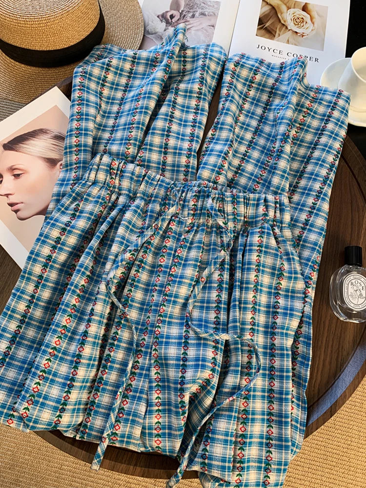 Lunivop Floral Sweet Plaid Pant Women Vintage Loose High Waist Casual Straight Trousers Summer Retro Korean Female Wide Leg Pants
