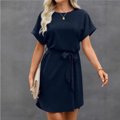 Lunivop  Women's Short Sleeve Dress - Round Neck Self-Tie Belt Loose-Fit Casual Mini Dress
