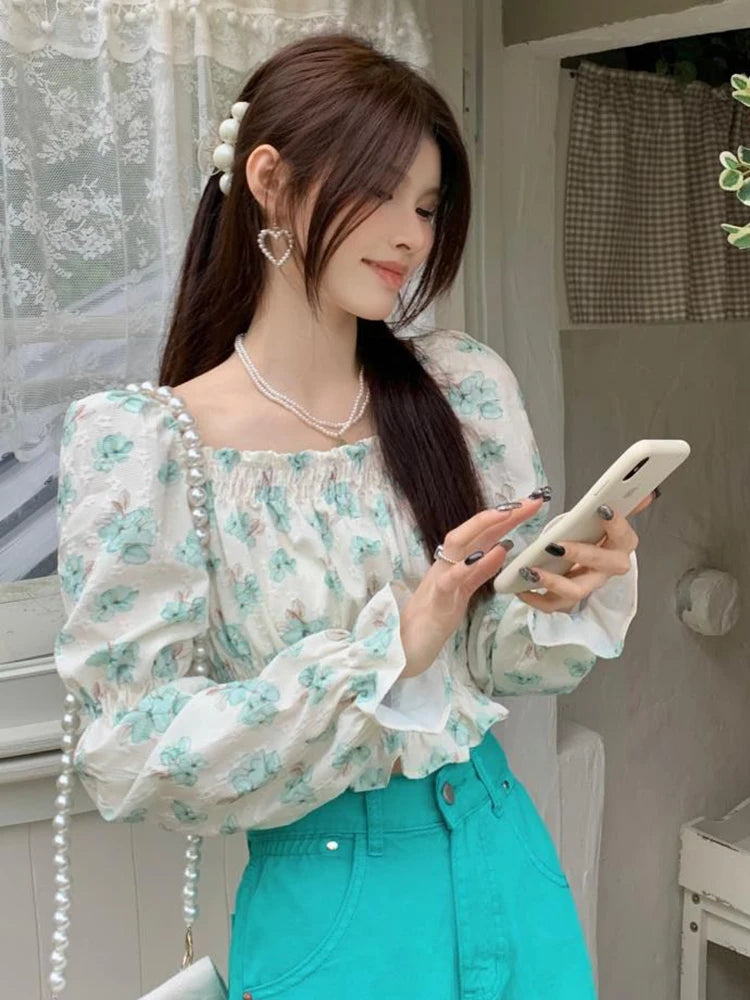 Lunivop   Floral Sweet Cropped Shirt Women Sexy Slim Long Sleeve Elegant Blouse French Vintage Square Collar Casual Off Shoulder Tops