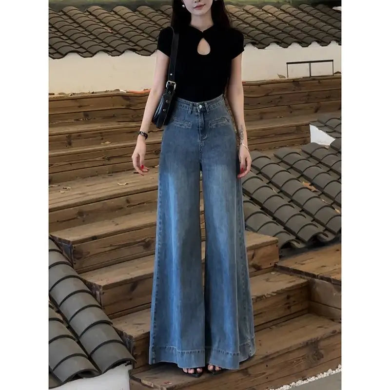 Lunivop  Retro American Straight-leg Long Pants Women's Korean Fashion High Waisted Slim Wide Leg Floor Pants Baggy Jeans Streetwear