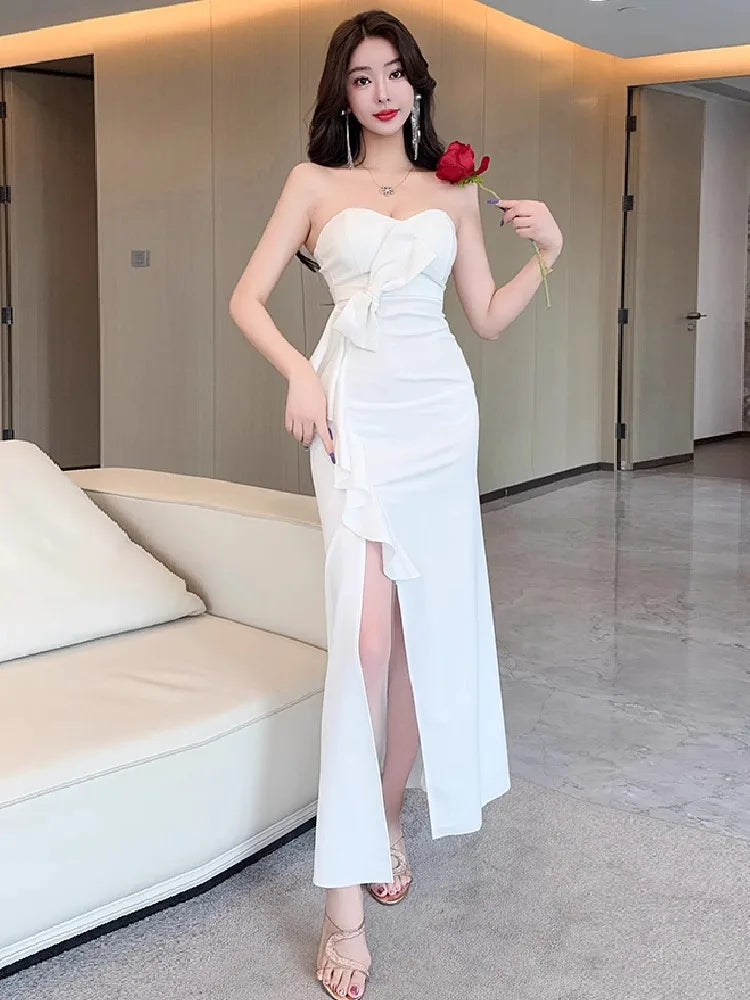 Lunivop  Woman Dress Sexy Strapless Bow Slim Elegant Split Backless Ruffles Slim Temperament Fashion Party Dresses Ladies