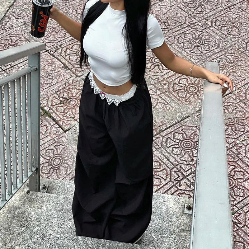 Lunivop  Contrast Lace Stitching Wide Leg Pants Streetwear y2k Low Rise Loose Black Trousers for Women Korean Fashion Baggy Capris