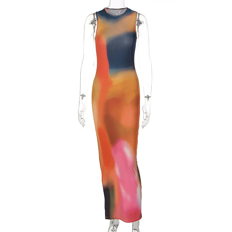 Lunivop Tie Dye Print O Neck Sleeveless Slit Midi Slim Bodycon Elegant Dresses For Women 2024 Summer Autumn Fashion Clothes