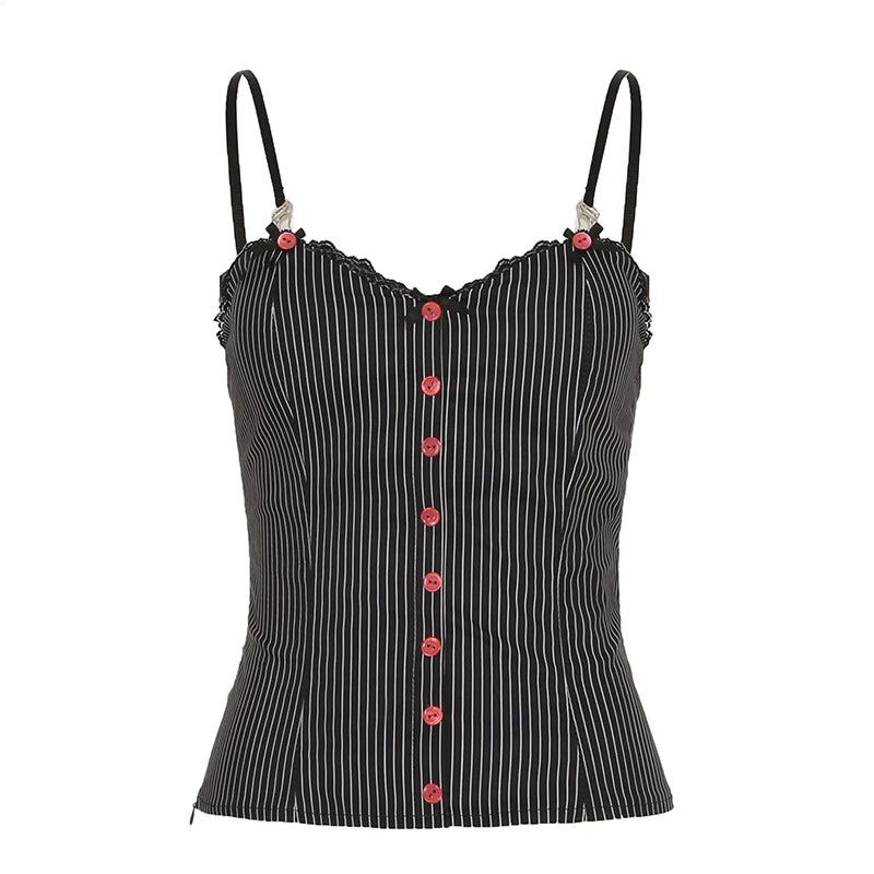Lunivop  Vintage Contrast Button Stitching Camis Women Causal Slim-fitting Sleeveless Slit Crop Top Summer Retro Striped Print Tee