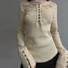 Lunivop  Elegant Vintage Lace Patchwork O-neck T-shirts Y2k Slim Fit All-match Top for Women 2025 Spring New Long Sleeve Tee Shirt