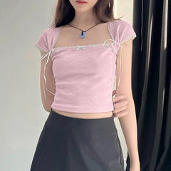 Lunivop Y2K  Bow Splicing Square Collar Small Flying Sleeve T-Shirt 2024 New Lace Edge Color Matching Slim Fit Casual Shirt Summer