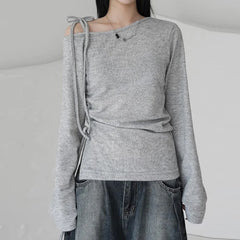 Lunivop   Asymmetrical Off-shoulder Crop Top Grey Bandage Drawstring Long Sleeve Knitted T Shirts Korean Fashion Casual Tees Women