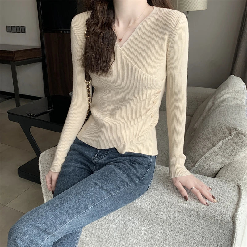 Lunivop Sweater for Women Pullovers Ribbed Knit V-Neck Long Sleeve Button Side Plain Jumper Teen-girl Fall Winter Basic Outfit