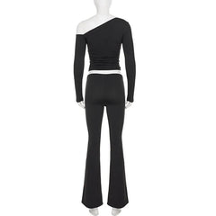 Lunivop  Solid 2 Piece Set Sexy Inclined Shoulder Long Sleeve Ruched T-shirts Crop Tops Wrapped Peach Hips Flare Pants Women Casual Suit