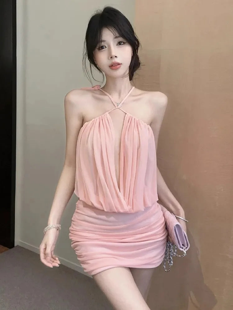 Lunivop  Woman Dress Sexy Sleeveless Hollow Out Bandage Slim Summer Fashion Solid Ruched Party Mini Dresses Elegant Female