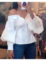 Lunivop  Elegant White Shirts for Women Lantern Sleeve Off Shoulder Top Lady Blosues Long Sleeve Ruched Design Feamel Clothes Spring