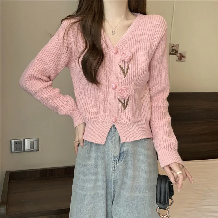 Lunivop Flower Applique Knit Cardigan Autumn Winter Women Cardigan Sweater Coats Long Sleeve Crop Knitted Jackets Cute Outfit
